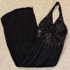 Alyce Designs Vintage Beaded 100% Silk Black Midi Halter Dress Size XS/US 2